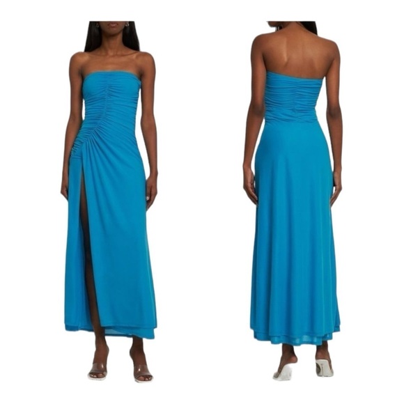 SIMON MILLER Blue Swizzle Strapless Ruched Side Slit Maxi Dress Medium - Picture 1 of 10